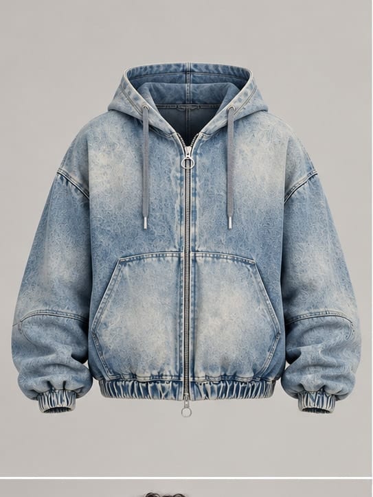 Drift Cloud Denim Hoodie — Studio render